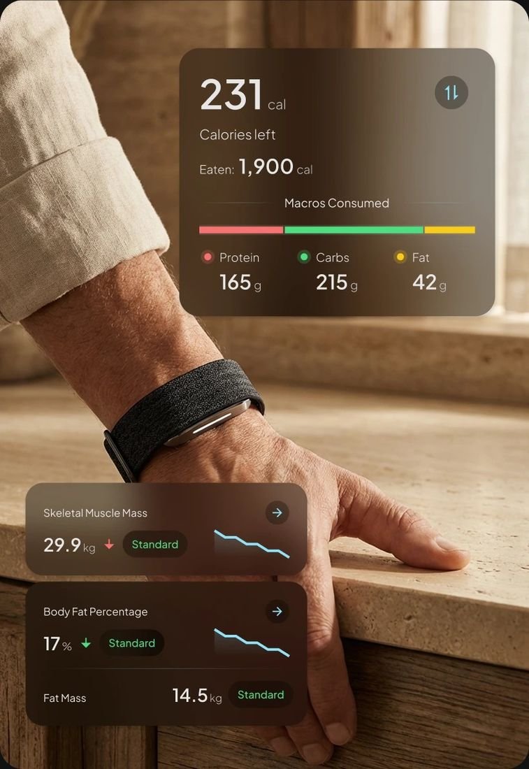 Hume Band 2.0 am Handgelenk mit geöffneter Begleit-App und Ernährungsdaten
